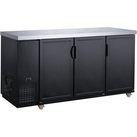 Black Counter Height Narrow Solid Door Back Bar Refrigerator with LED Lighting and Stainless Steel Top